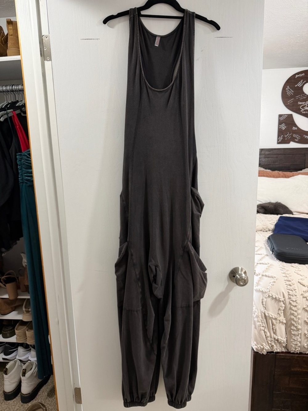 Free People Charcoal Slouchy Drop-Crotch Jumpsuit